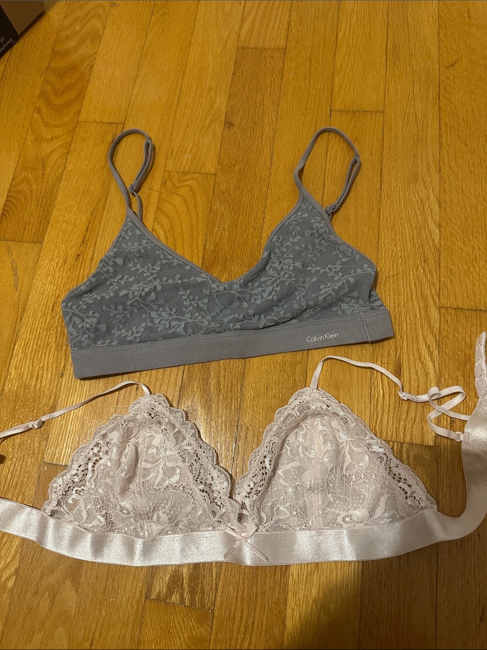 Calvin Klein Gray Lace Bralette with Pale Pink Lace Triangle Bra